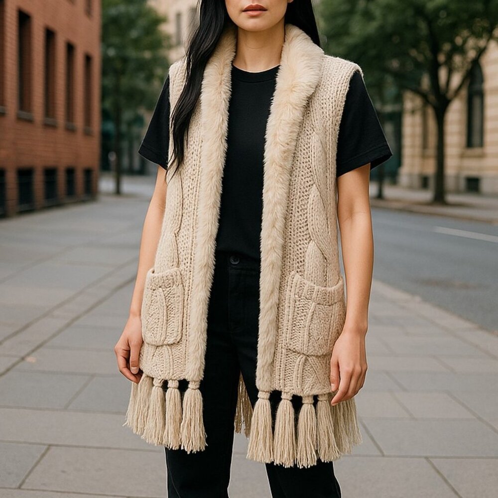 Buffalo David Bitton Women’s Knit Fringe Sweater Vest Faux Fur Trim Cable Open F